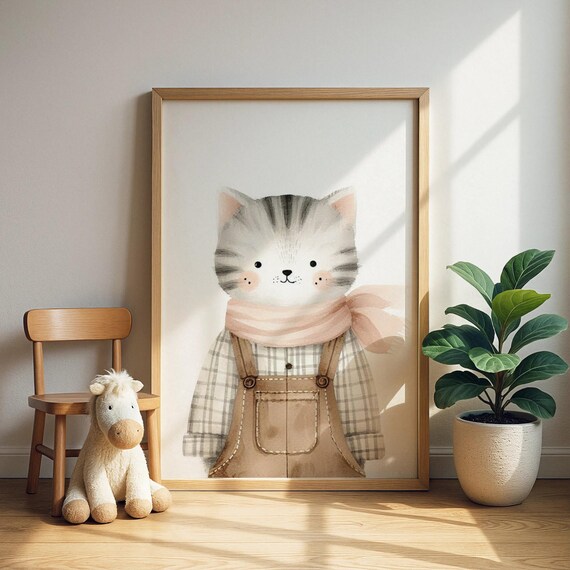 Cute Gray Kitten in Overalls and Pink Scarf Nursery Wall Art