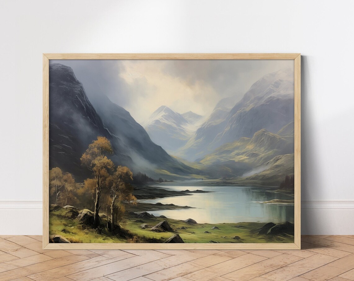 Misty Mountain Valley Lake Oil Painting Dramatic Landscape Art Poster