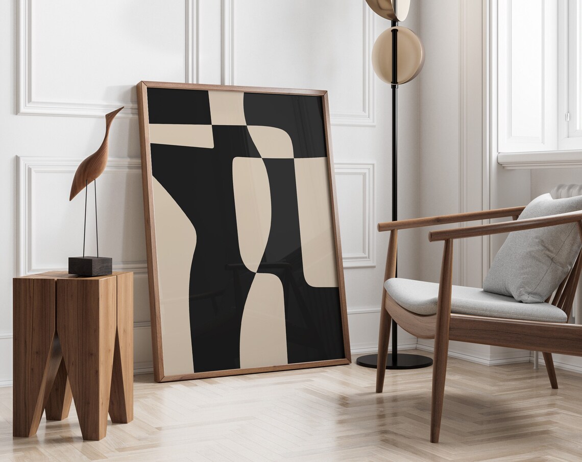 Black Beige Abstract Geometric Poster Mid Century Organic Shapes Art - Image 4