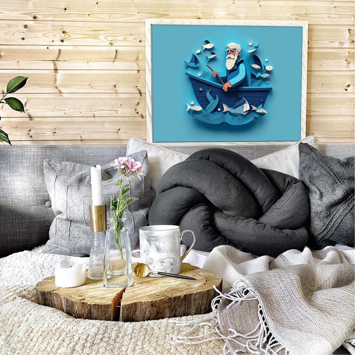 Fisherman Rowing Scandi Blue Boat Paper Cut Kids Room Art Poster - Image 3