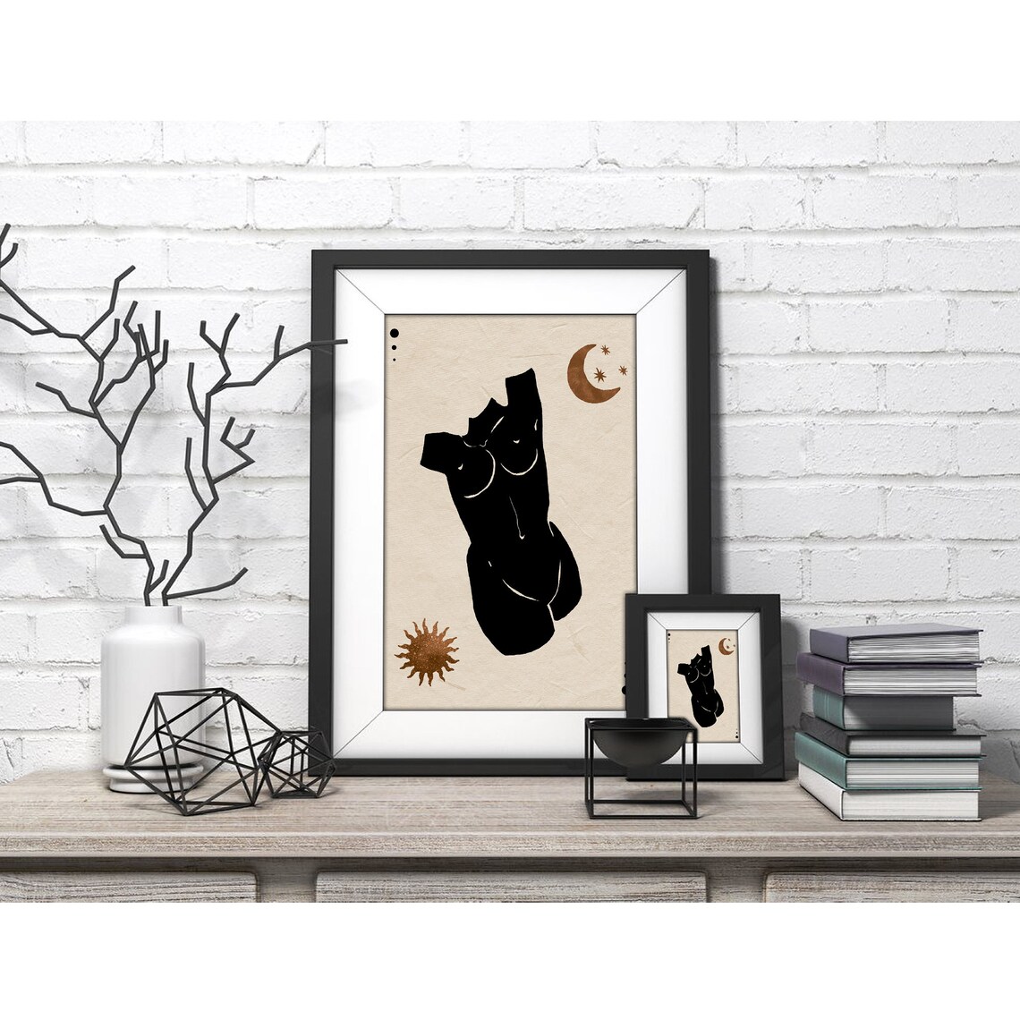 Black Female Torso Silhouette Gold Sun Moon Poster for Modern Home Decor - Image 4