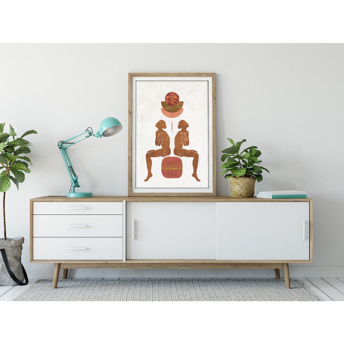 Mirrored Terracotta Seated Women Geometric Sun Poster for Modern Home Decor - Image 3