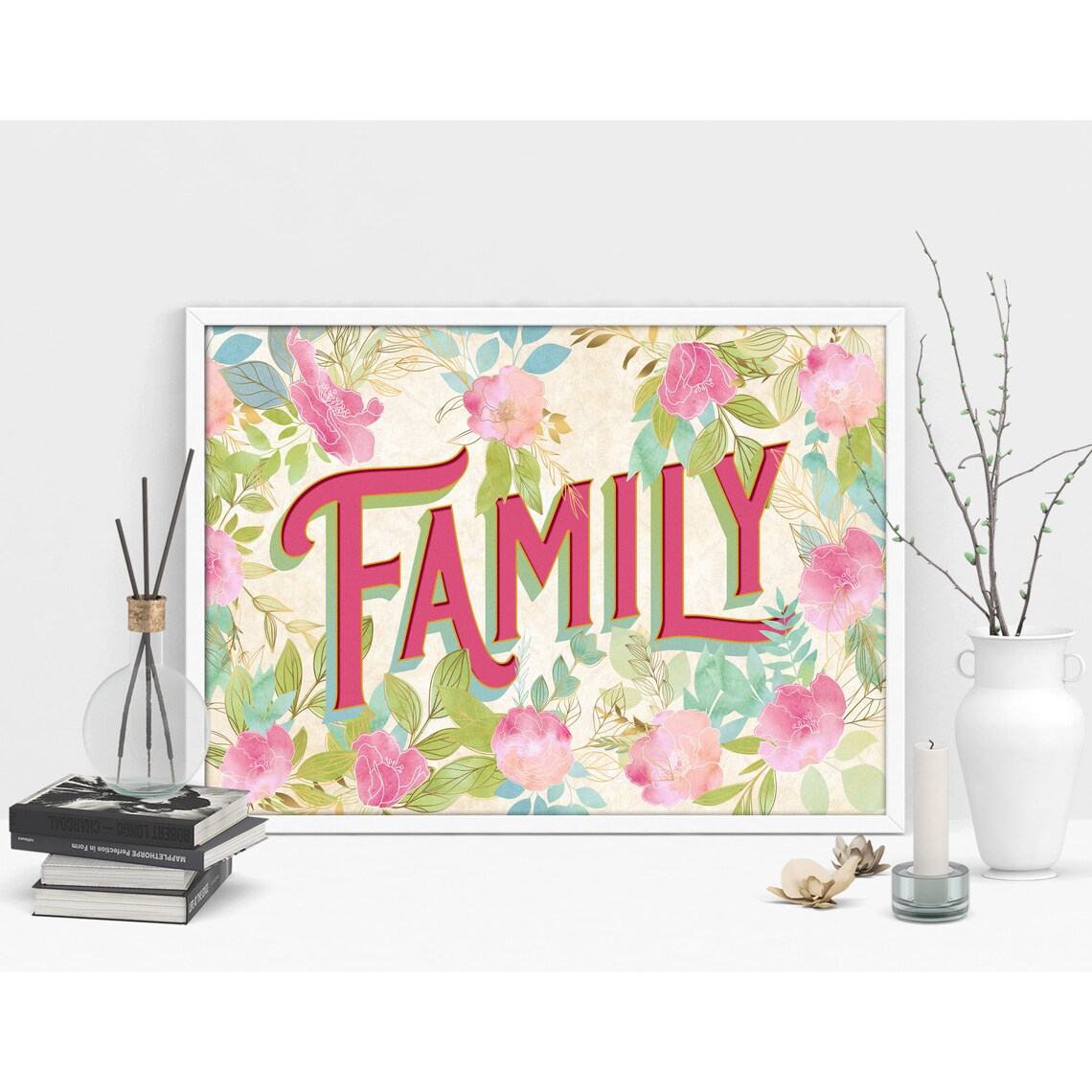 Family Pink Lettering Over Pastel Floral Wreath Quote Art Poster - Image 2