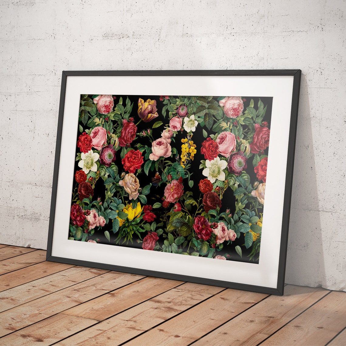 Vintage Mixed Rose and Tulip Bouquet on Black Floral Art Poster - Image 4