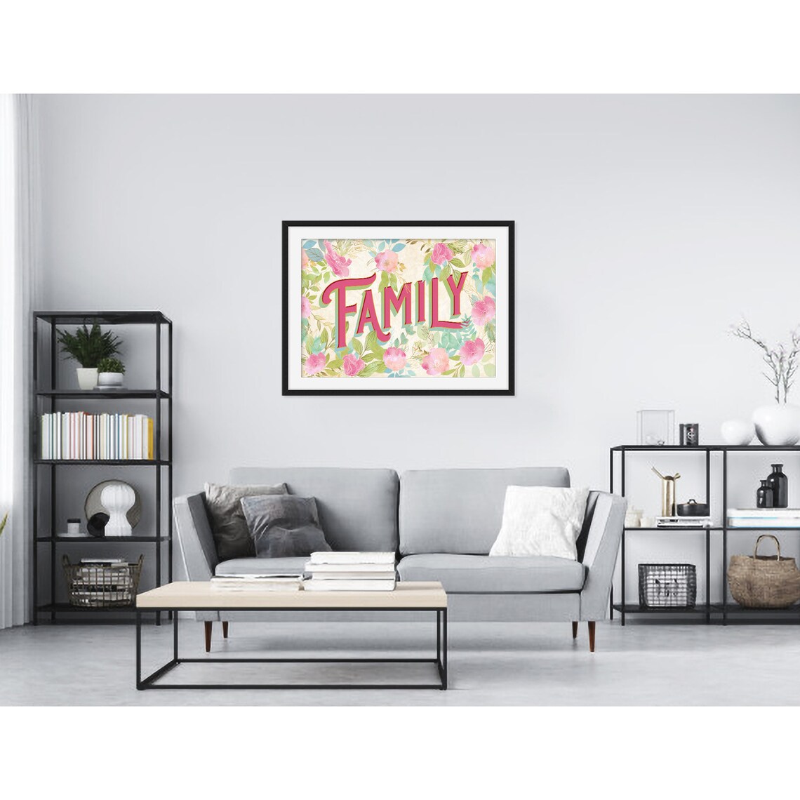 Family Pink Lettering Over Pastel Floral Wreath Quote Art Poster - Image 3