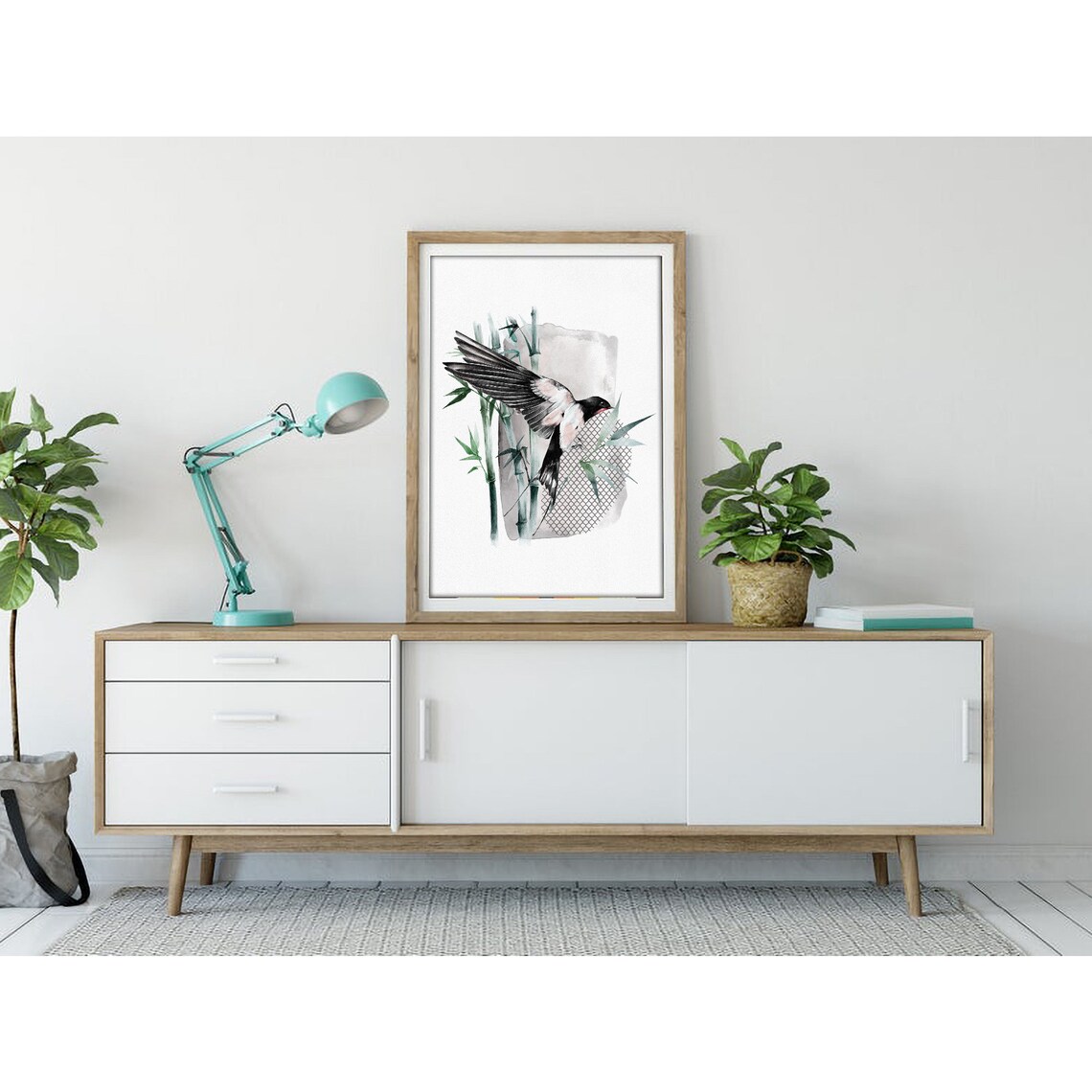 Flying Swallow Among Bamboo Stalks Japanese Watercolor Poster - Image 3