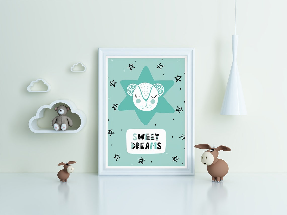 Sweet Dreams Sleeping Bear On Mint Star Nursery Quote Poster - Image 3