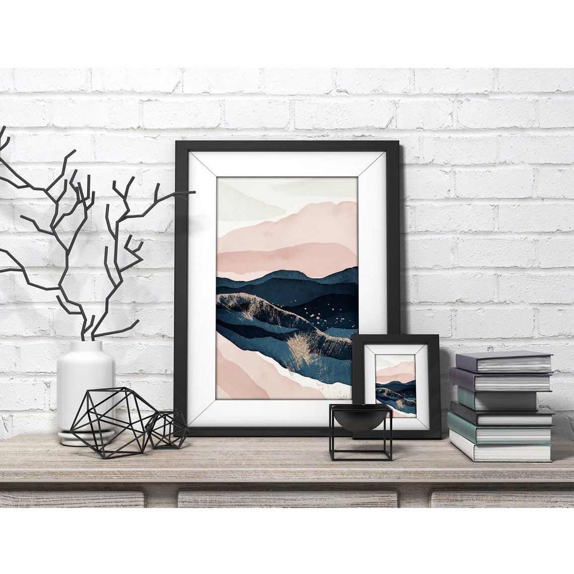 Blush and Navy Mountains With Gold Wave Modern Watercolor Art Poster - Image 4