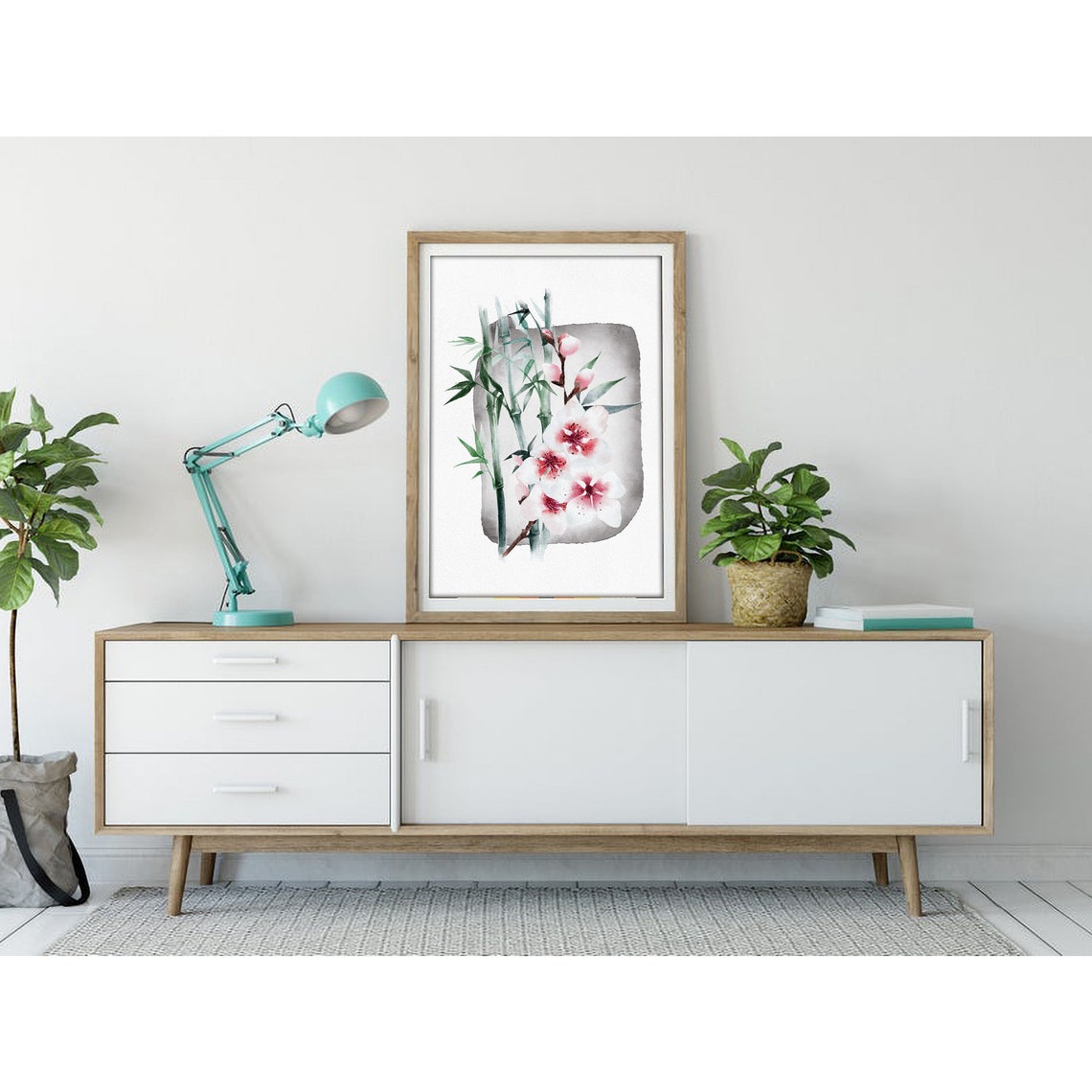 Bamboo Stalks and Pink Cherry Blossoms Japanese Watercolor Poster - Image 3
