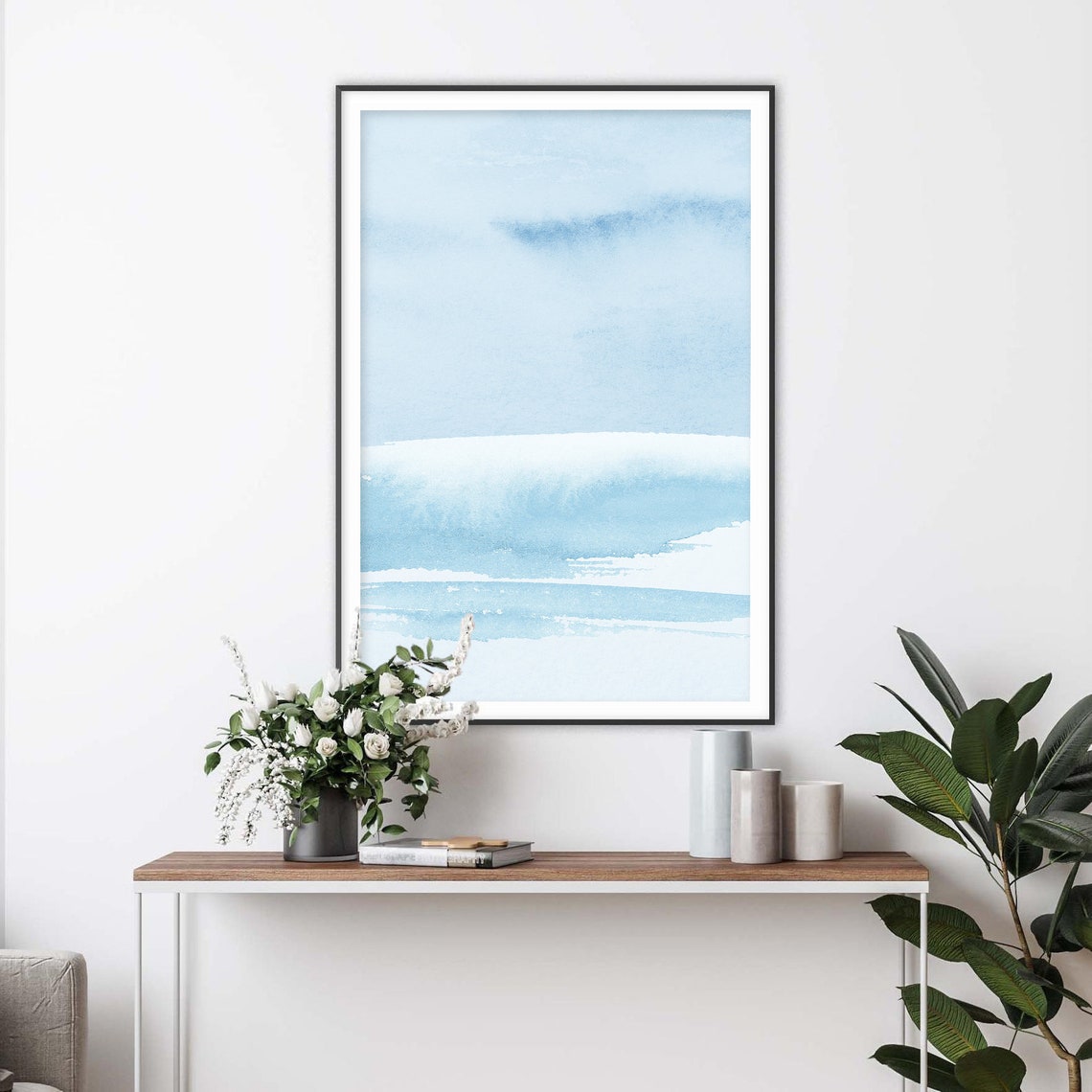 Pale Blue Sea Waves Minimalist Coastal Watercolor Print Artwork - Image 2