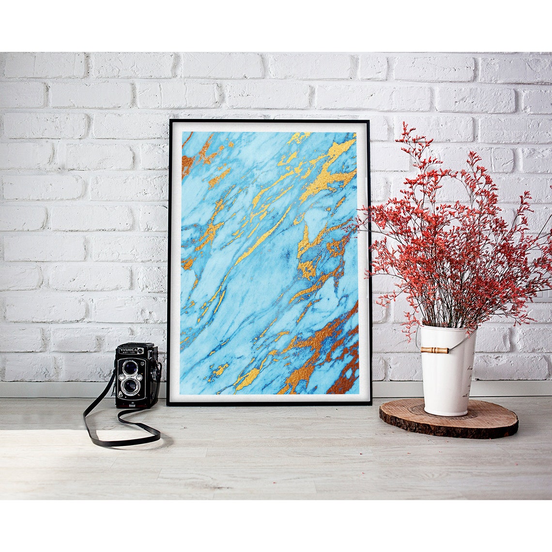 Sky Blue Marble Bold Gold Diagonal Veins Modern Abstract Poster - Image 2