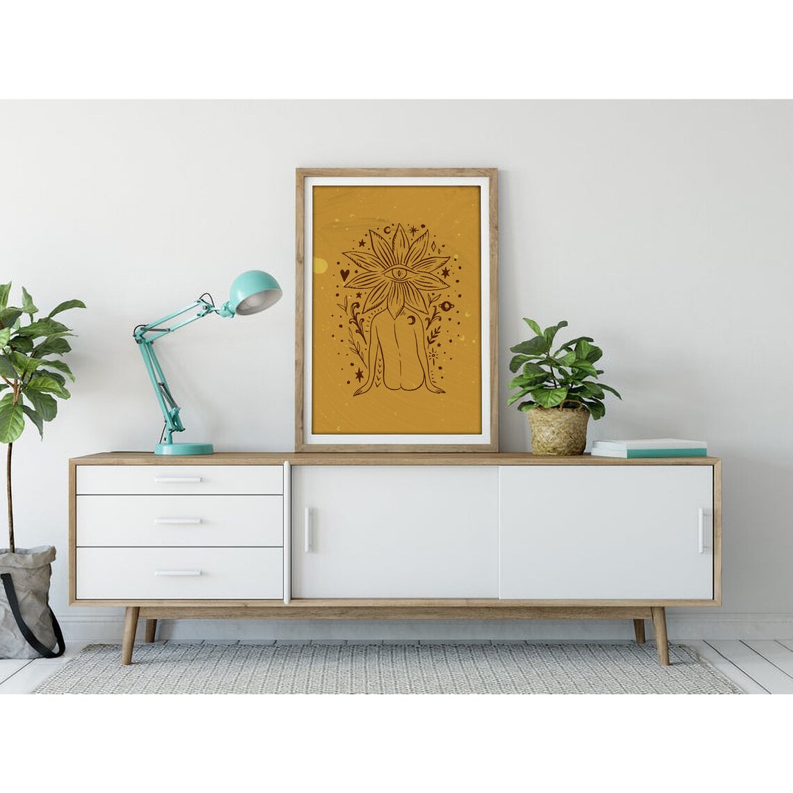 Surrealist Flower Eyed Woman Mustard Line Art Poster for Modern Home Decor - Image 3