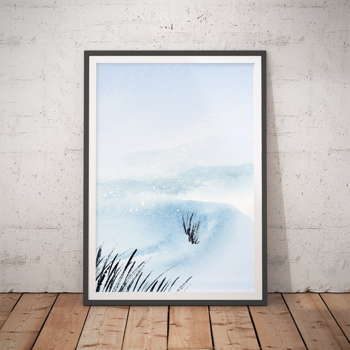 Misty Pale Beach With Dark Reeds Minimalist Watercolor Poster