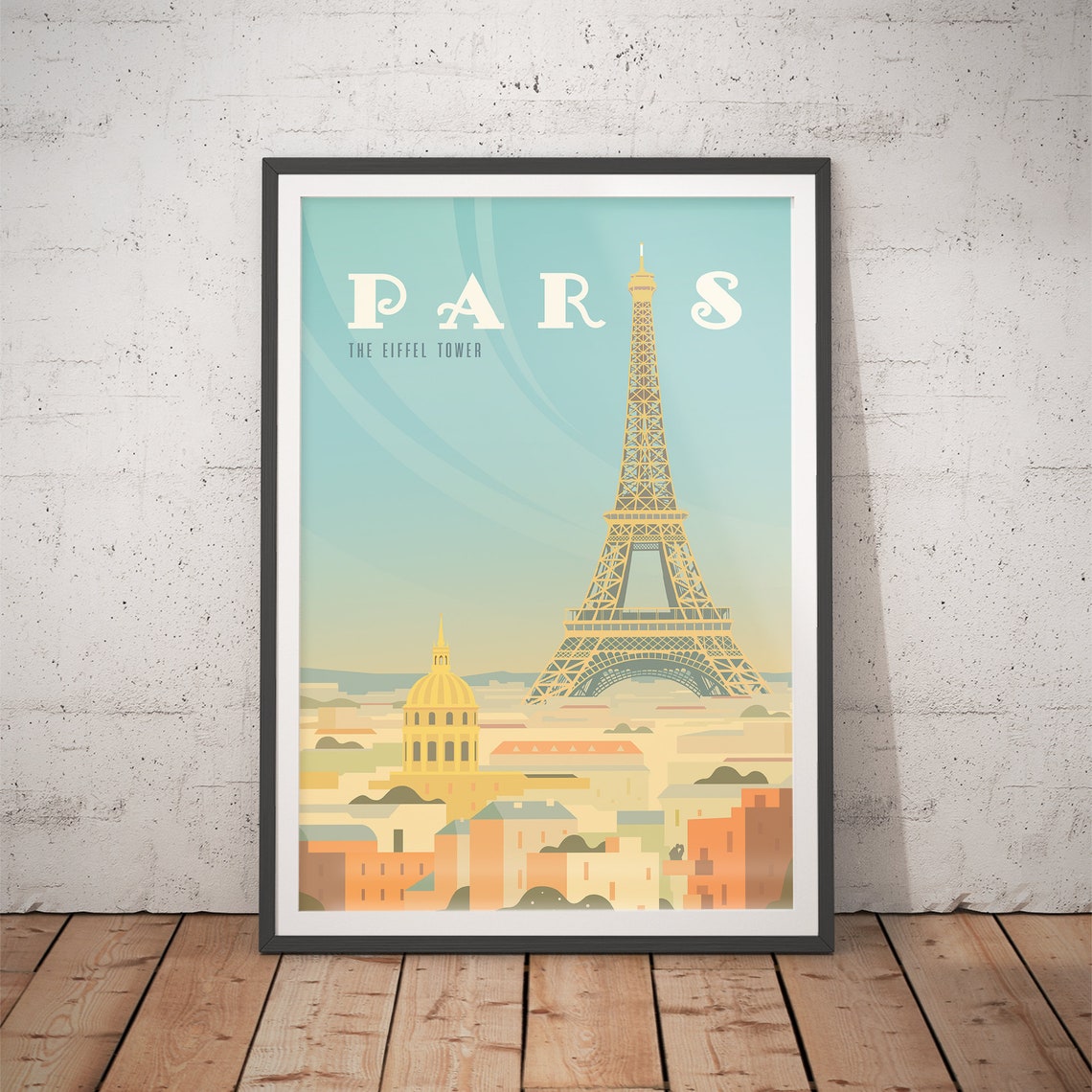 Paris France Eiffel Tower Cityscape Retro Style Travel Poster