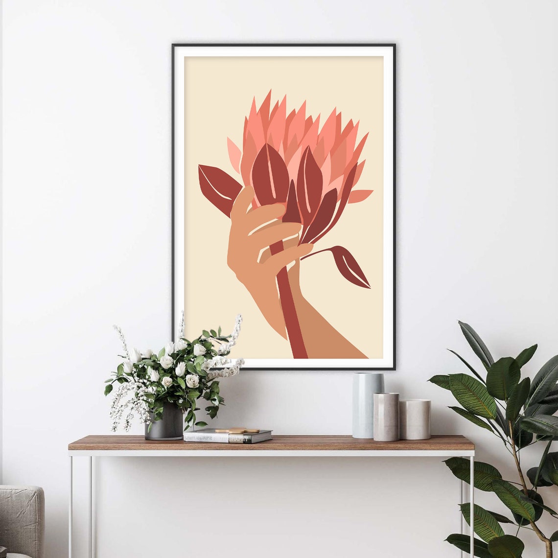 Stylized Hand Holding Coral Protea Flower Poster for Modern Home Decor - Image 2