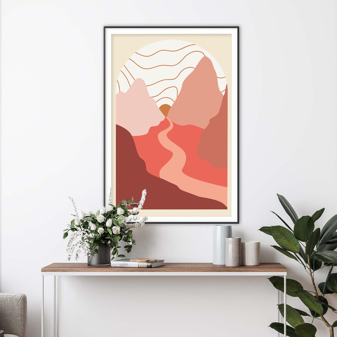 Boho Desert River Valley with a Striped Sun Arch Abstract Poster - Image 2