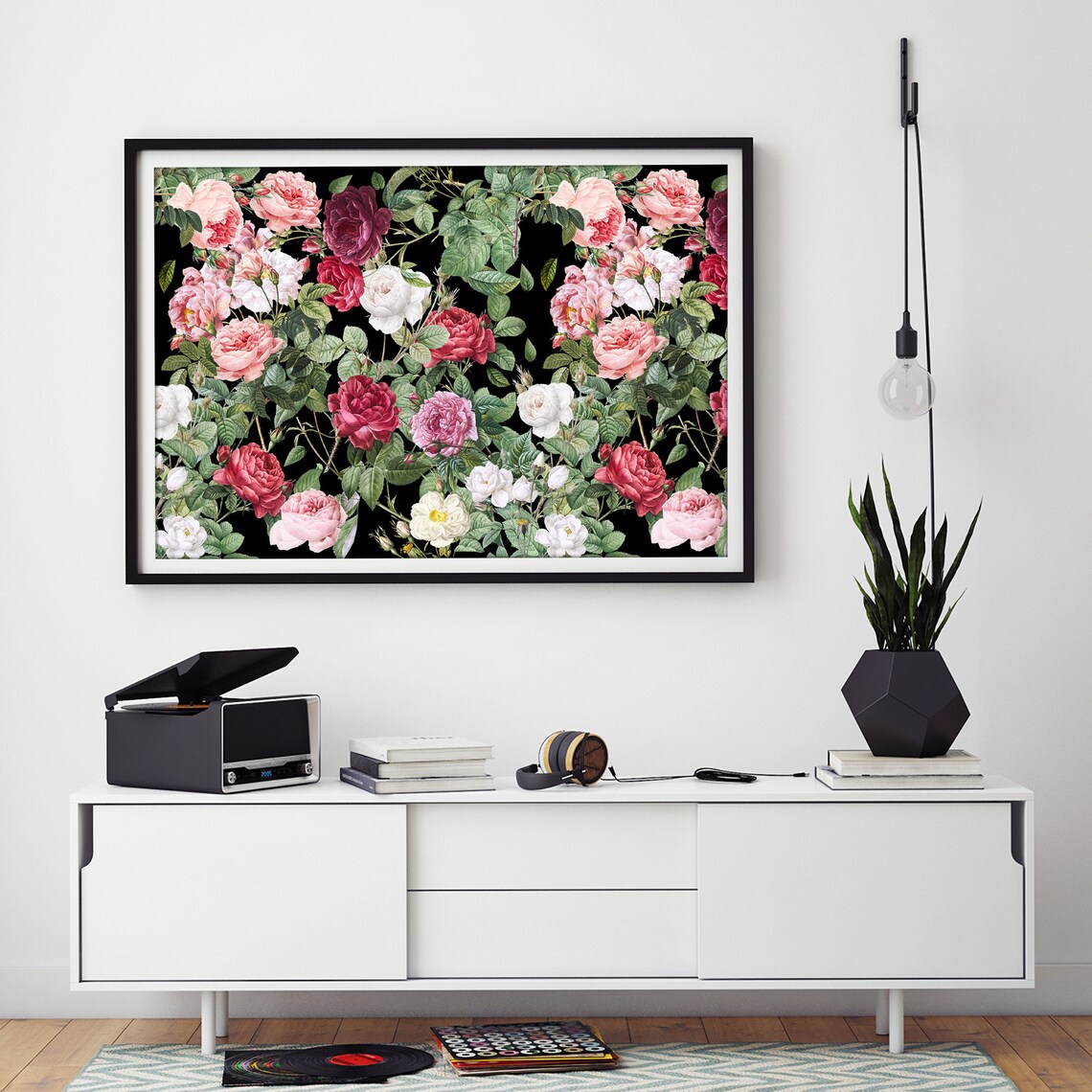 Vintage Classic Roses in Red Pink and White on Black Art Poster - Image 2