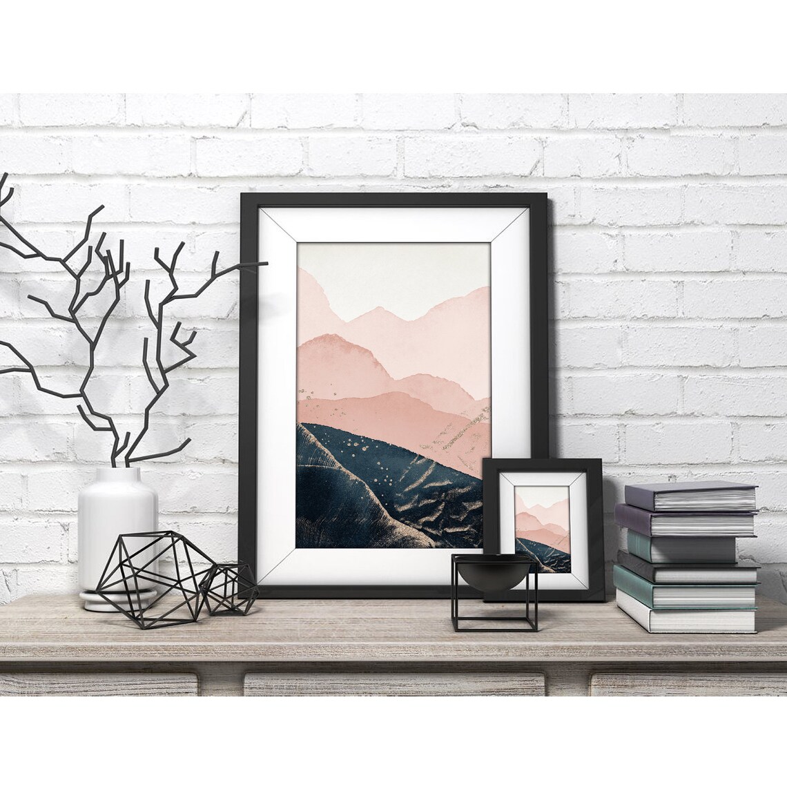 Blush Pink Mountains Navy Sea Gold Accents Modern Art Poster - Image 4