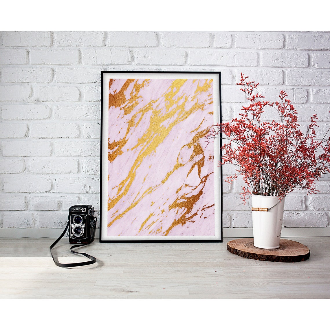 Blush White Marble Gold Diagonal Brushstroke Glam Art Poster - Image 3