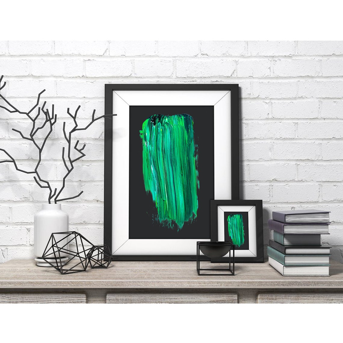 Emerald Green Paint Stroke Brushstroke Abstract Art on Black Poster - Image 4