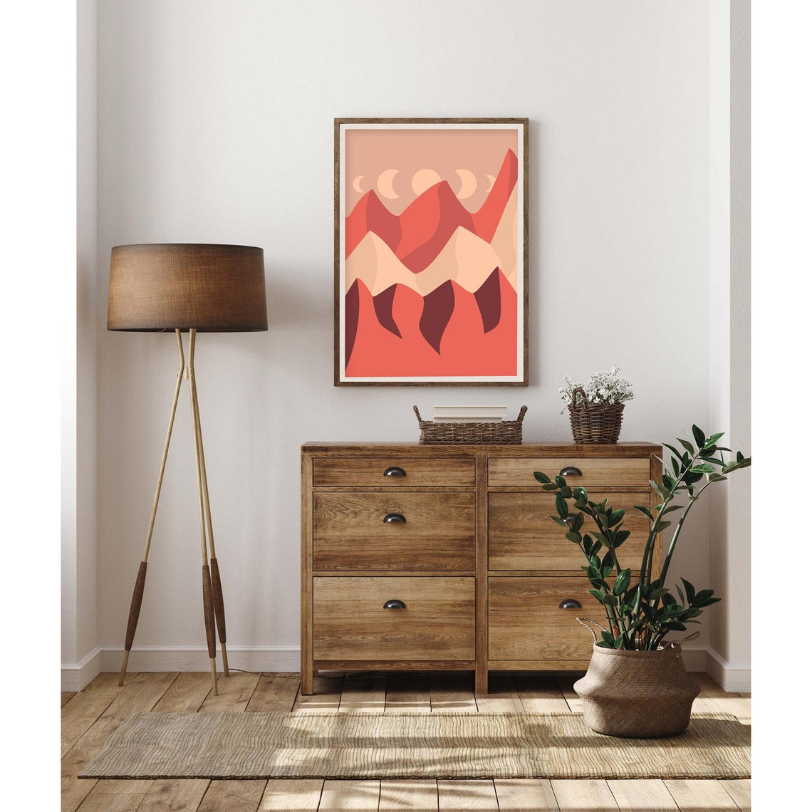 Terracotta Mountain Peaks Under Five Moon Phases Boho Art Poster - Image 2