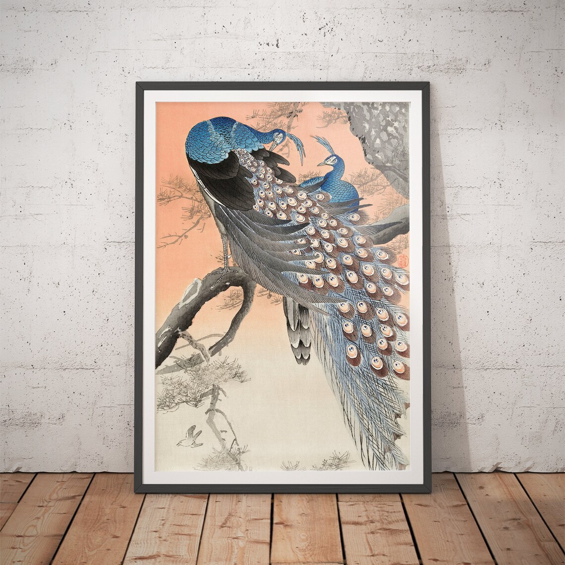 Two Peacocks on Tree Branch, Vintage Art Print