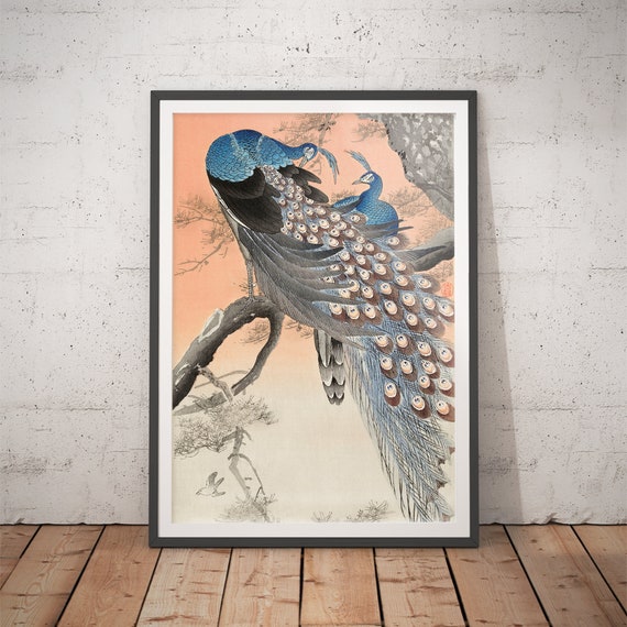 Two Peacocks on Tree Branch, Vintage Art Print
