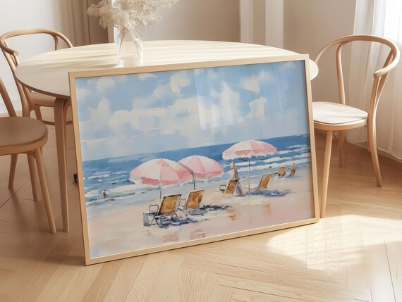 Pink Beach Umbrellas and Chairs Painterly Ocean View Art Poster
