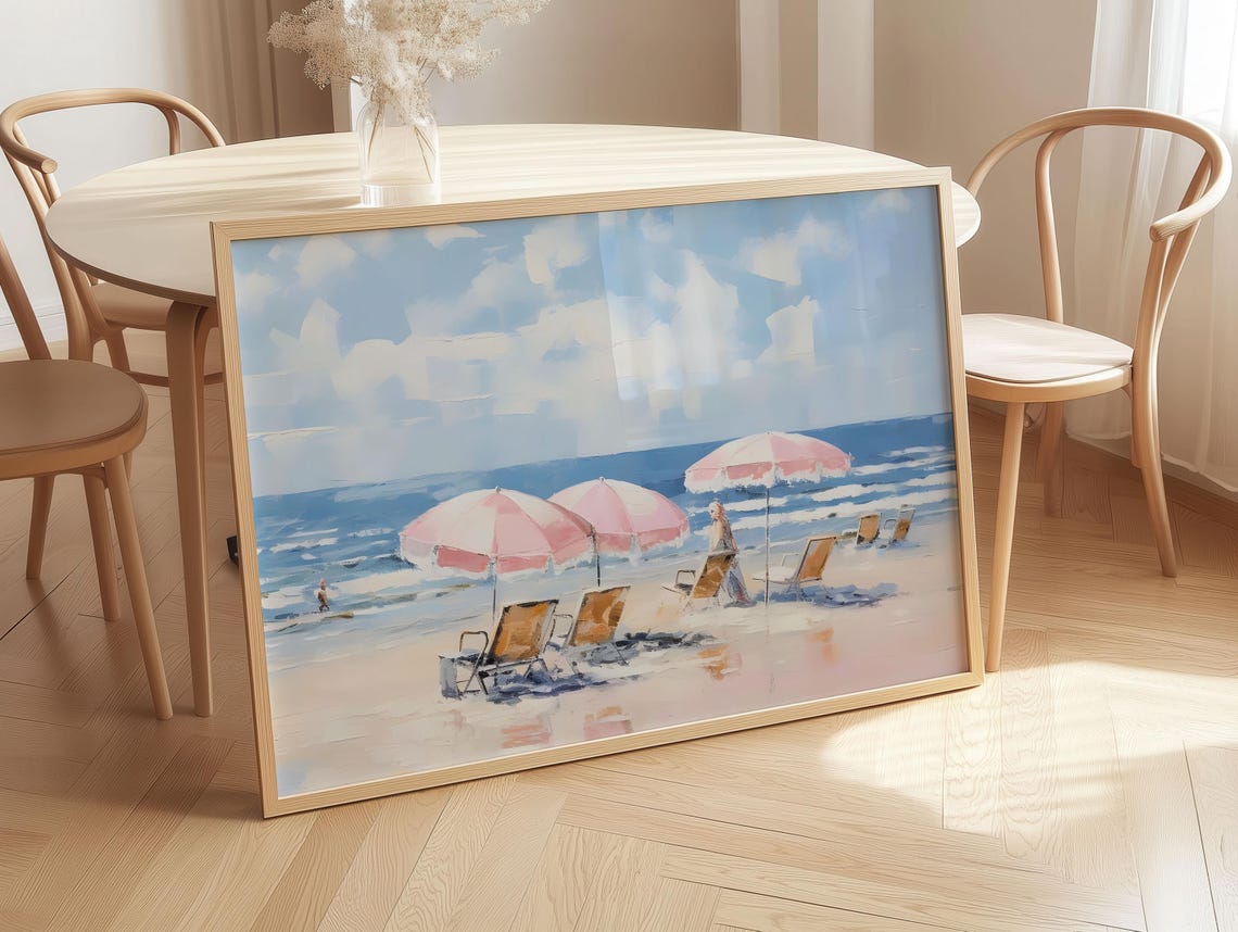 Pink Beach Umbrellas and Chairs Painterly Ocean View Art Poster
