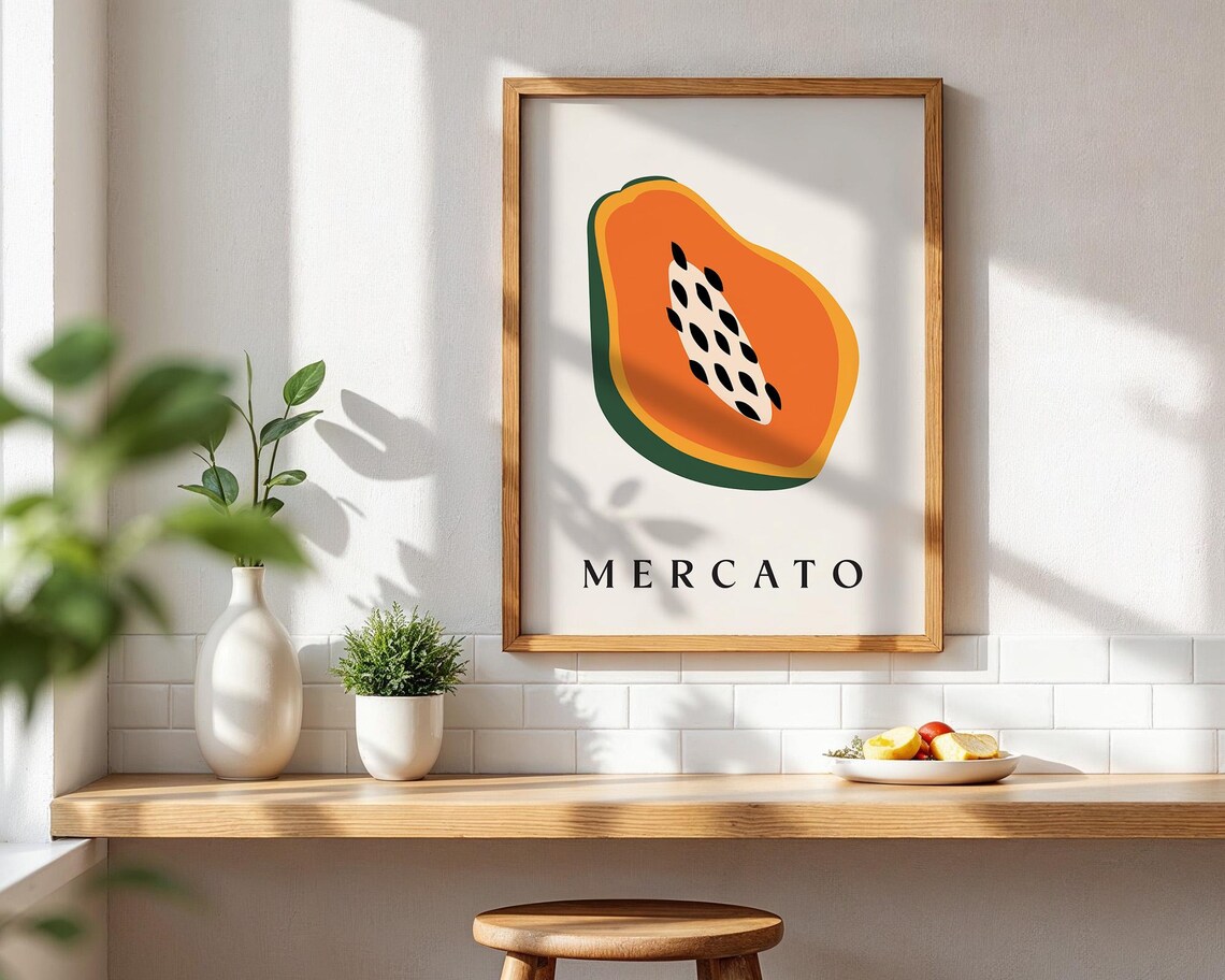 Tropical Papaya Wall Art Print Minimalist Fruit Kitchen Decor Boho Modern Poster For Dining Room Or Cafe