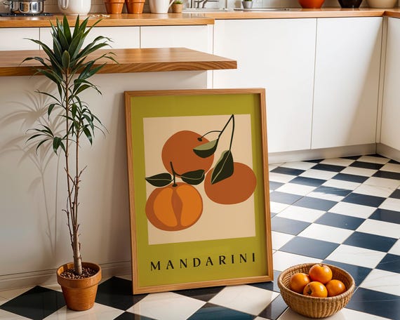 Mandarin Fruit Wall Art Italian Kitchen Print Retro Citrus Poster Minimalist Food Illustration Mandarini Mediterranean Decor