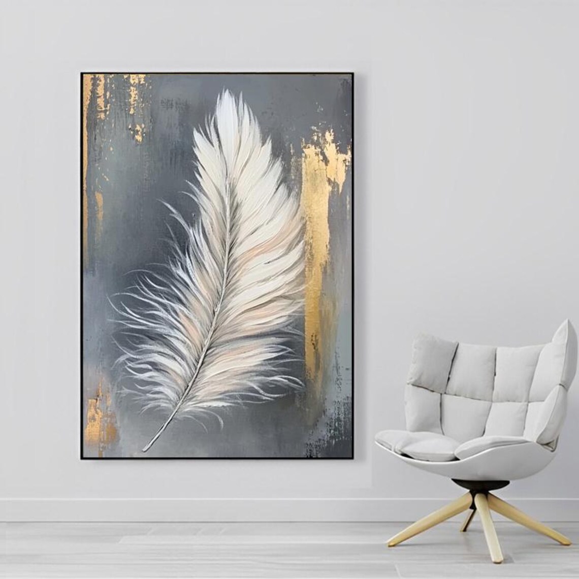 White Feather With Gold Accents Grey Minimalist Art Painting Poster