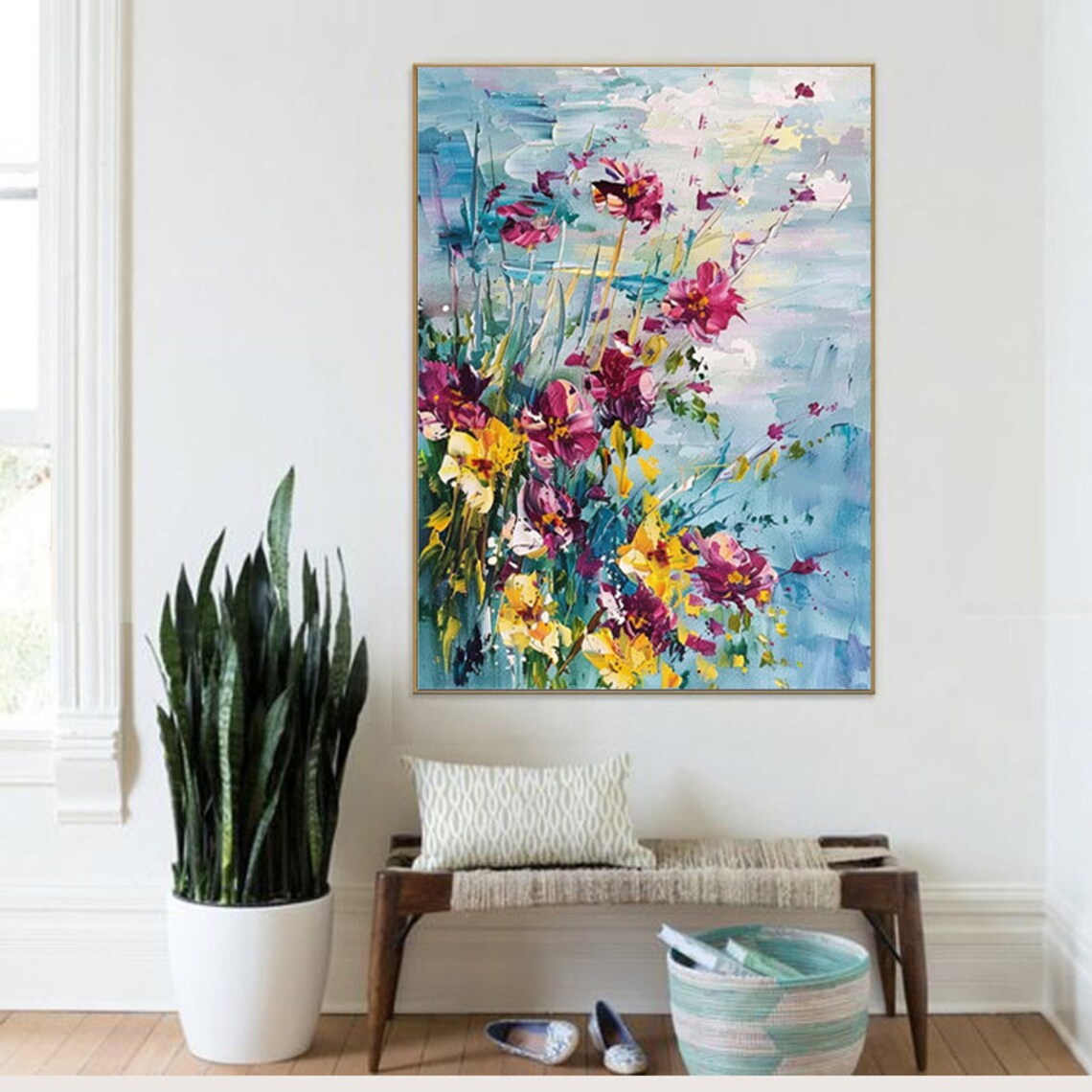Pink Yellow Wildflowers Textured 3D Floral Vertical Painting Poster - Image 3