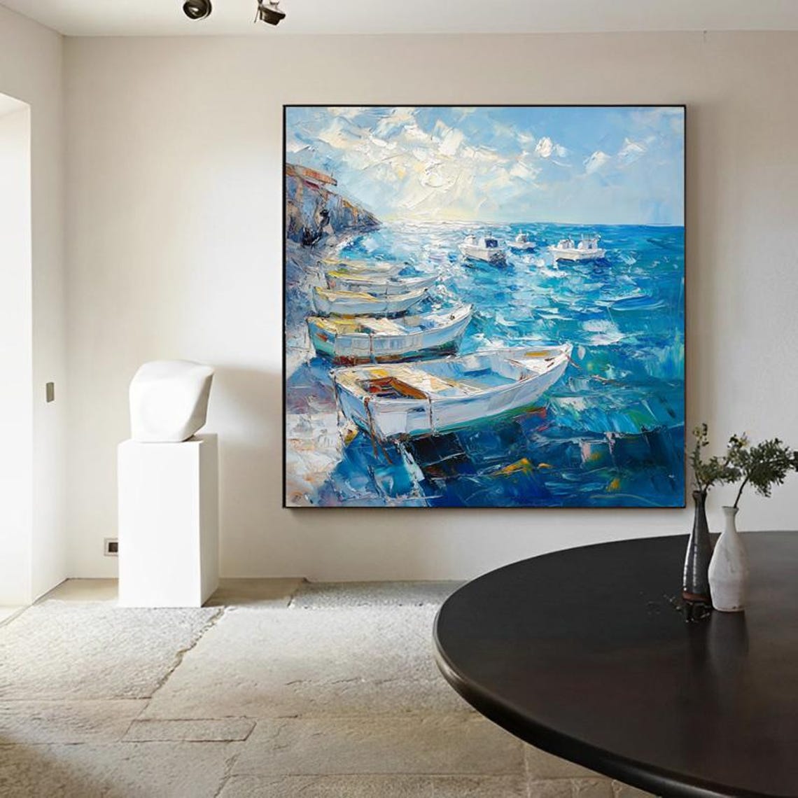 White Fishing Boats Bobbing on a Sparkling Blue Harbor Wall Art - Image 6