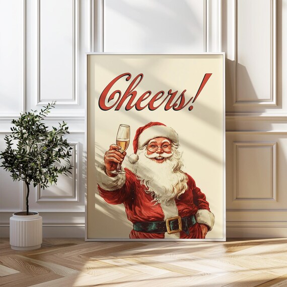Vintage Santa Cheers Christmas Champagne Holiday Bar Decor Poster