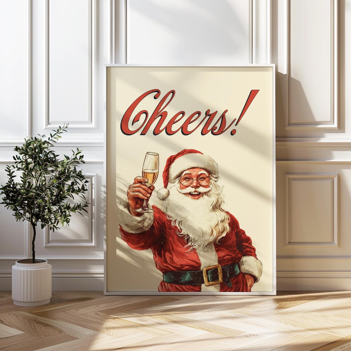 Vintage Santa Cheers Christmas Champagne Holiday Bar Decor Poster
