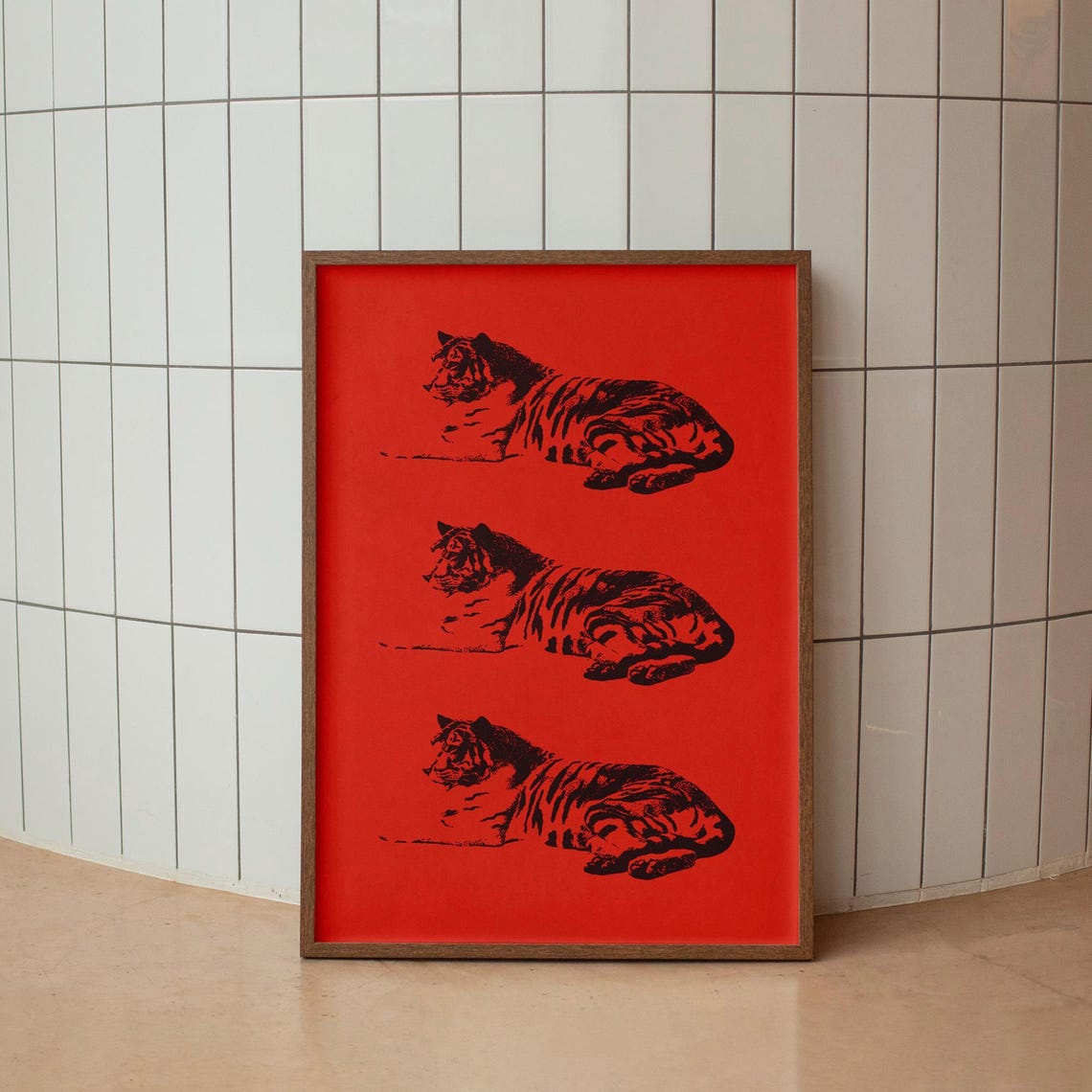 Triple Resting Tiger Bold Red Graphic Animal Art Decor Poster