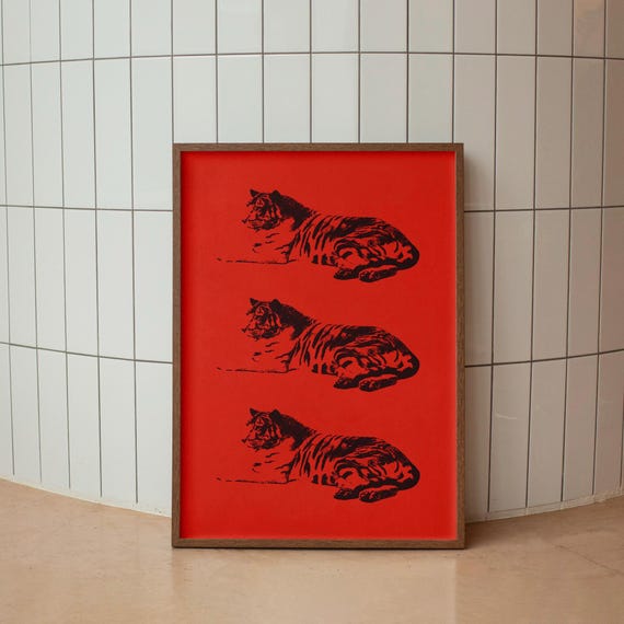 Triple Resting Tiger Bold Red Graphic Animal Art Decor Poster