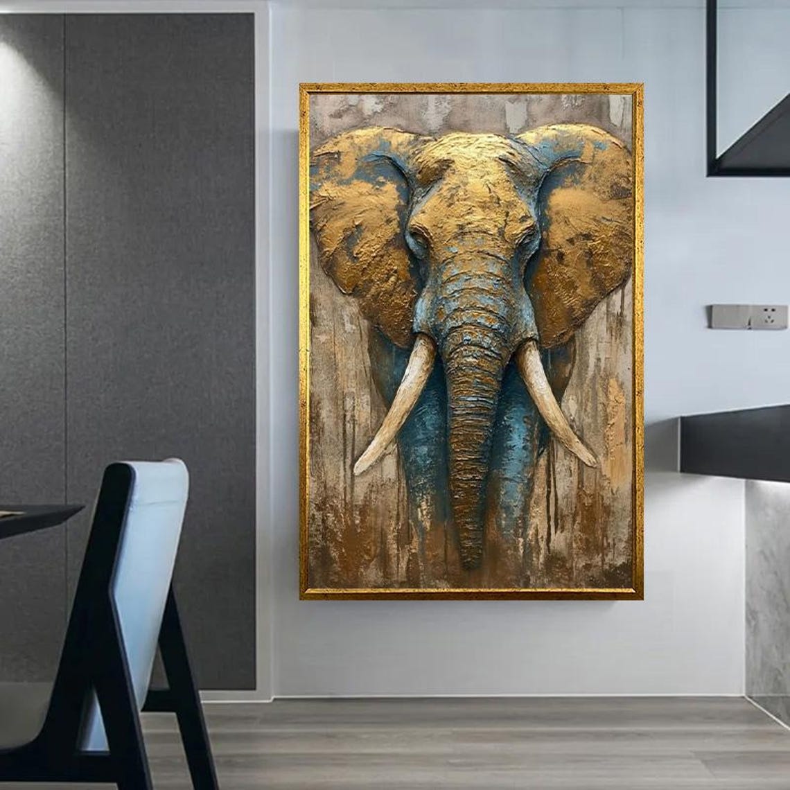 Textured Gold Blue Elephant Head Rustic Impasto Wildlife Poster - Image 2