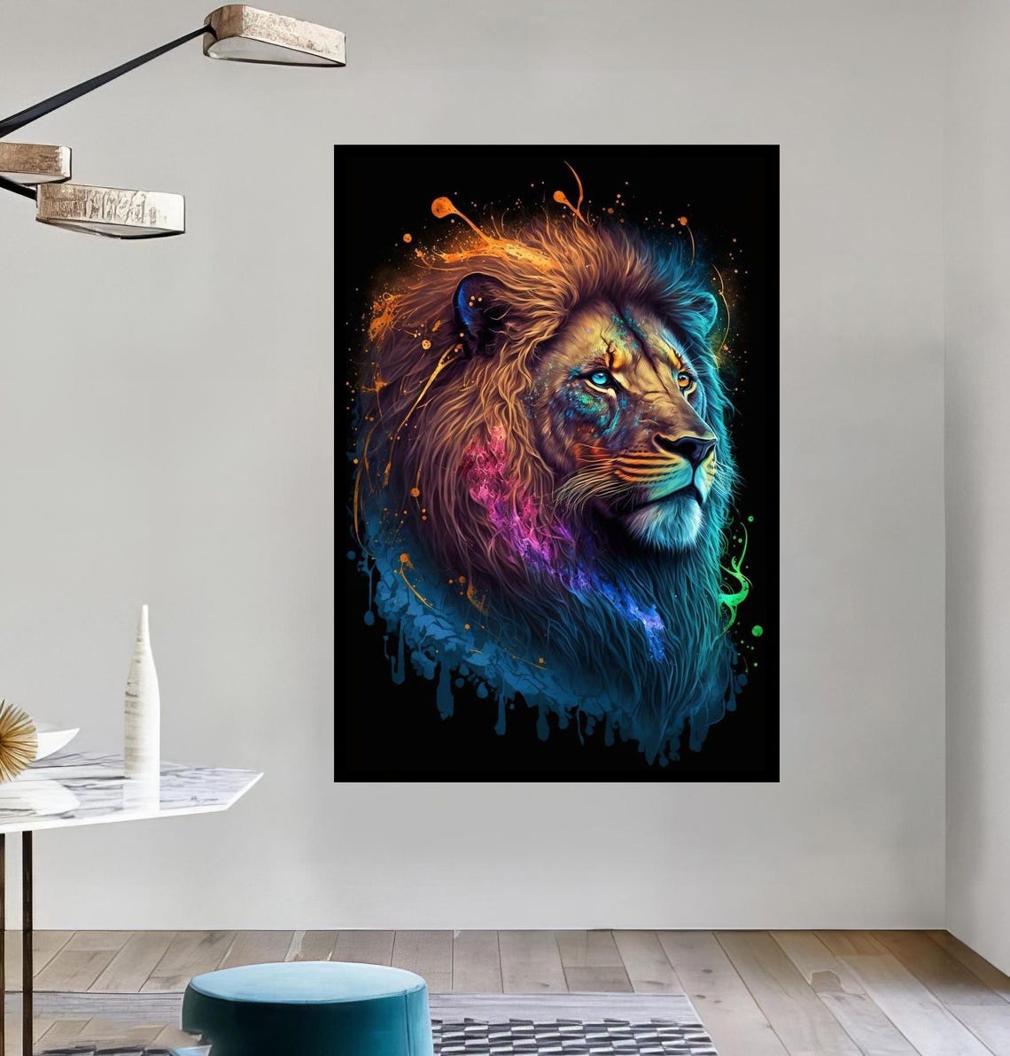 Lion in Profile With Neon Paint Splatter on a Black Art Poster - Image 4
