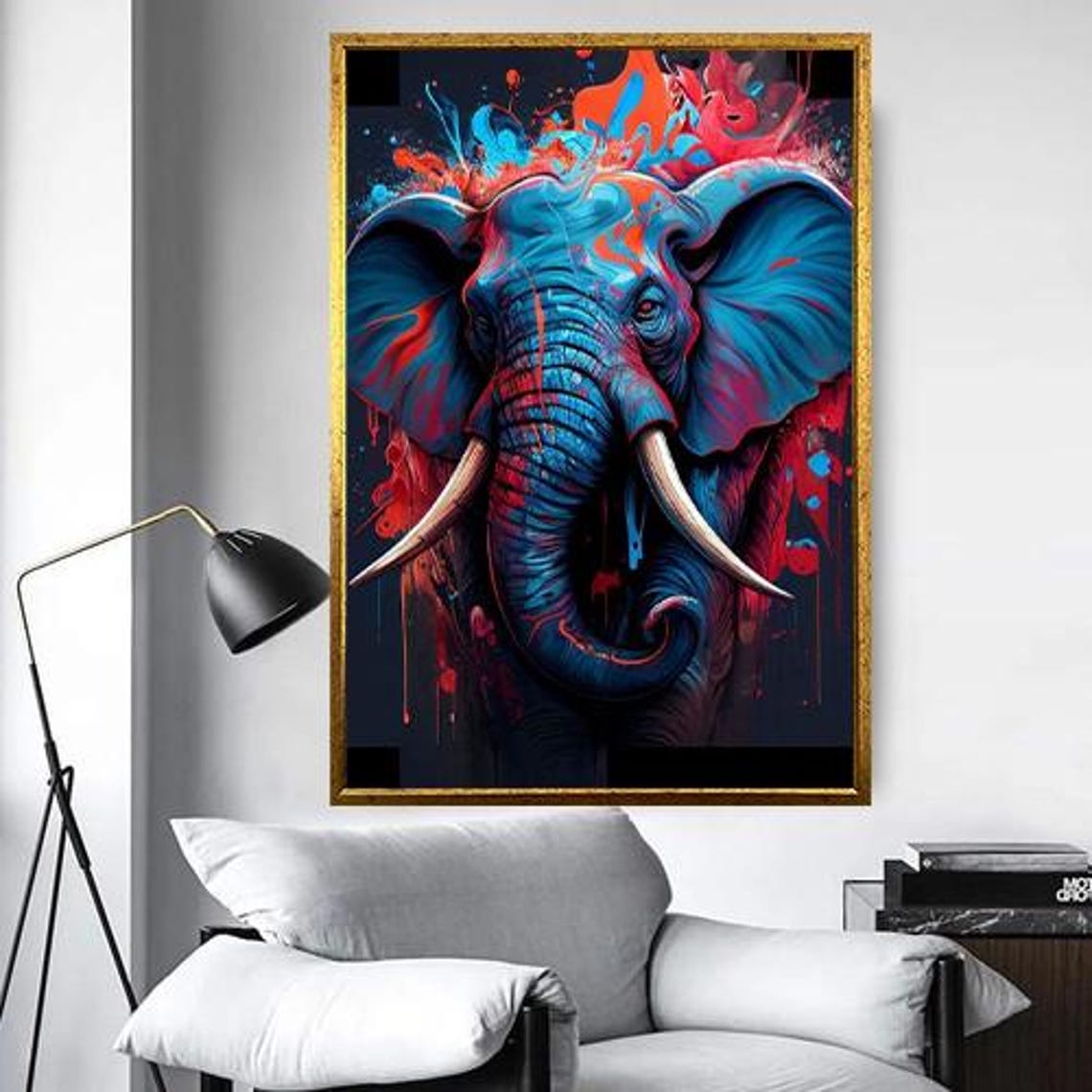 Blue Elephant Head With Red Paint Splashes Abstract Art Poster - Image 5