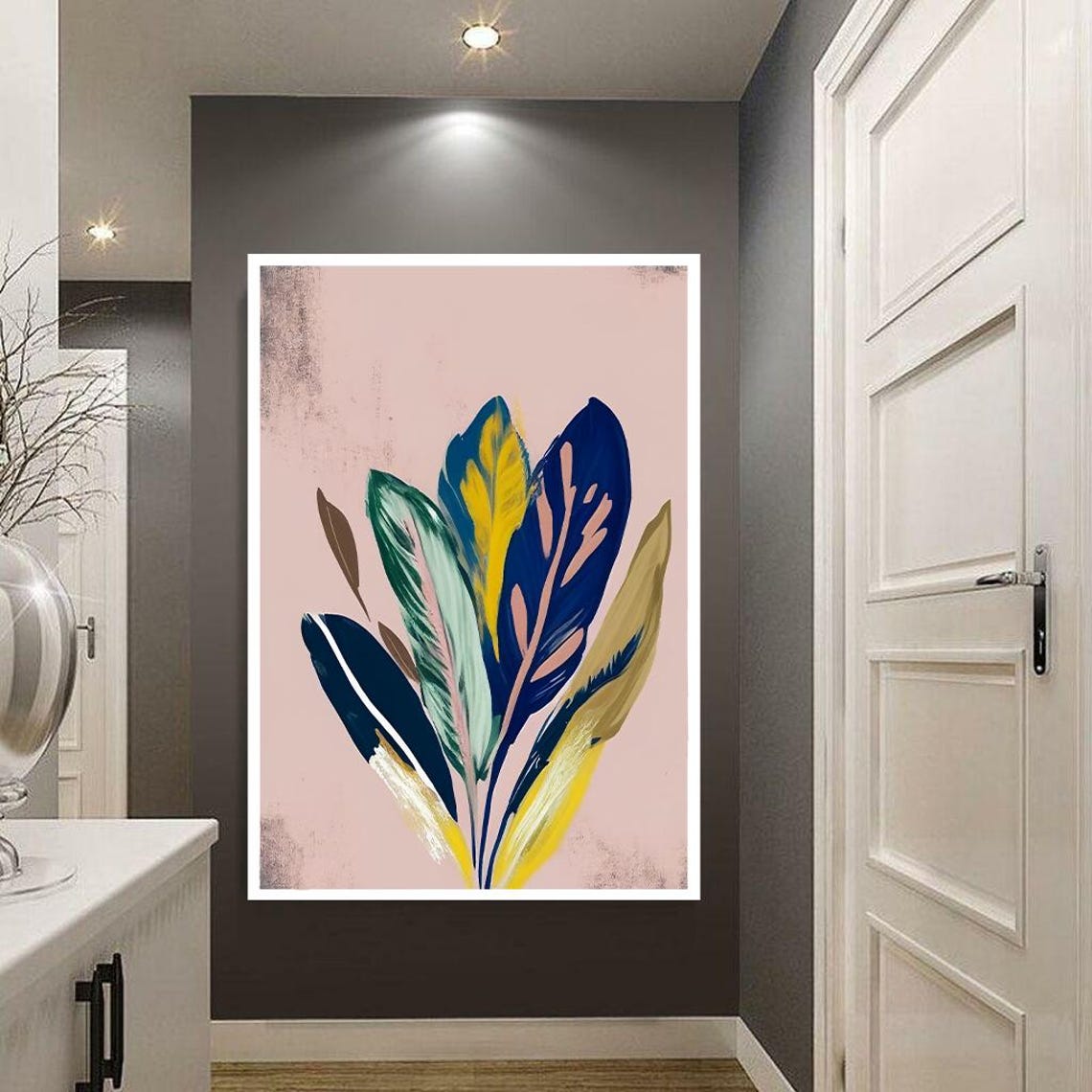 Bold Painted Leaves on Blush Pink Modern Botanical Art Poster - Image 2