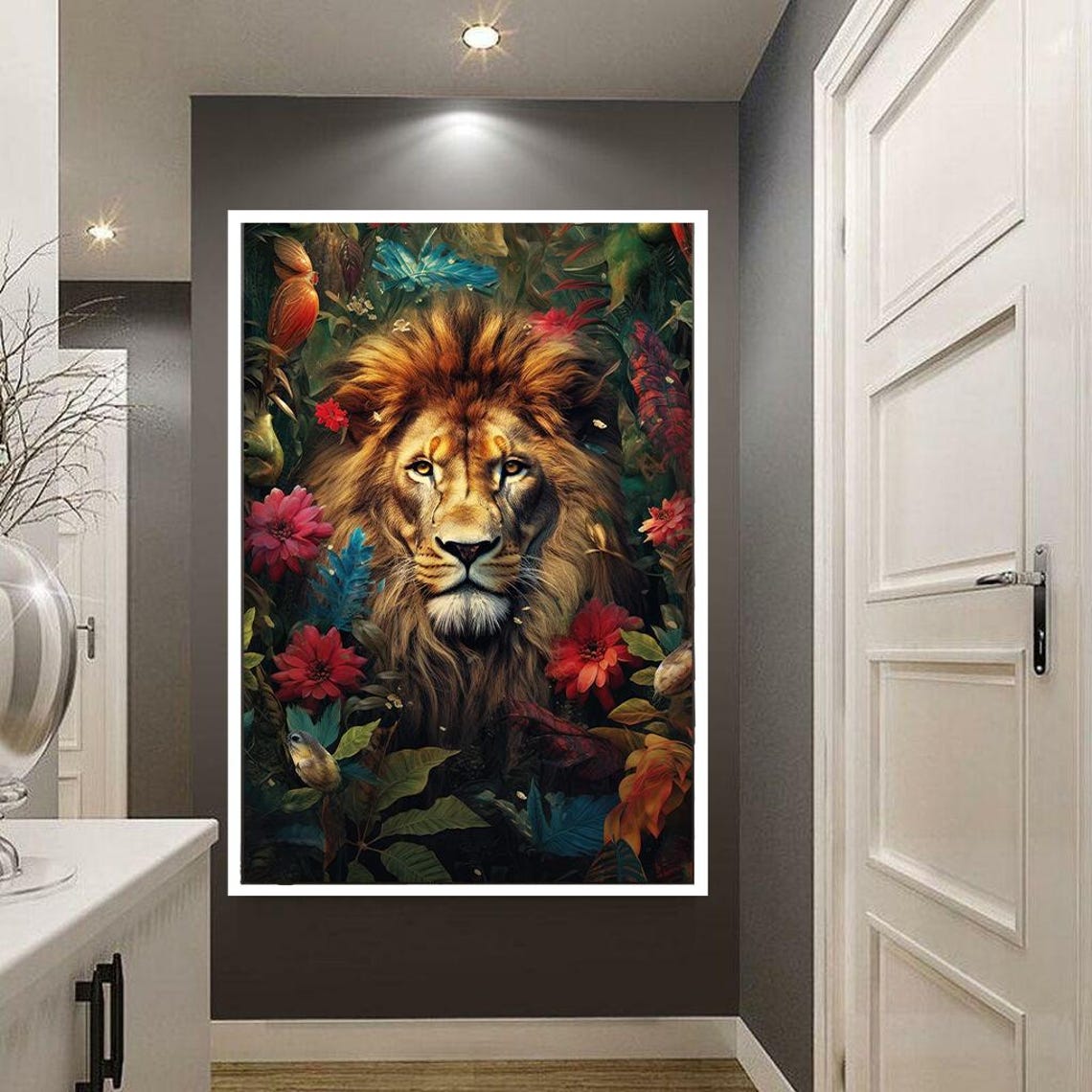 Majestic Lion Surrounded By Colorful Flowers Wildlife Art Poster - Image 3