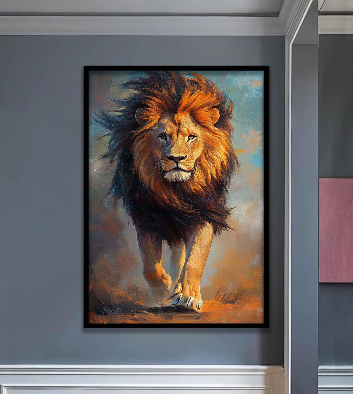 Majestic Lion Walking Colorful Windblown Mane Oil Painting Poster - Image 5