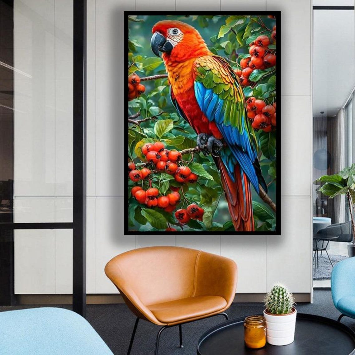 Scarlet Macaw Parrot Perched Among Red Berries Tropical Poster - Image 4