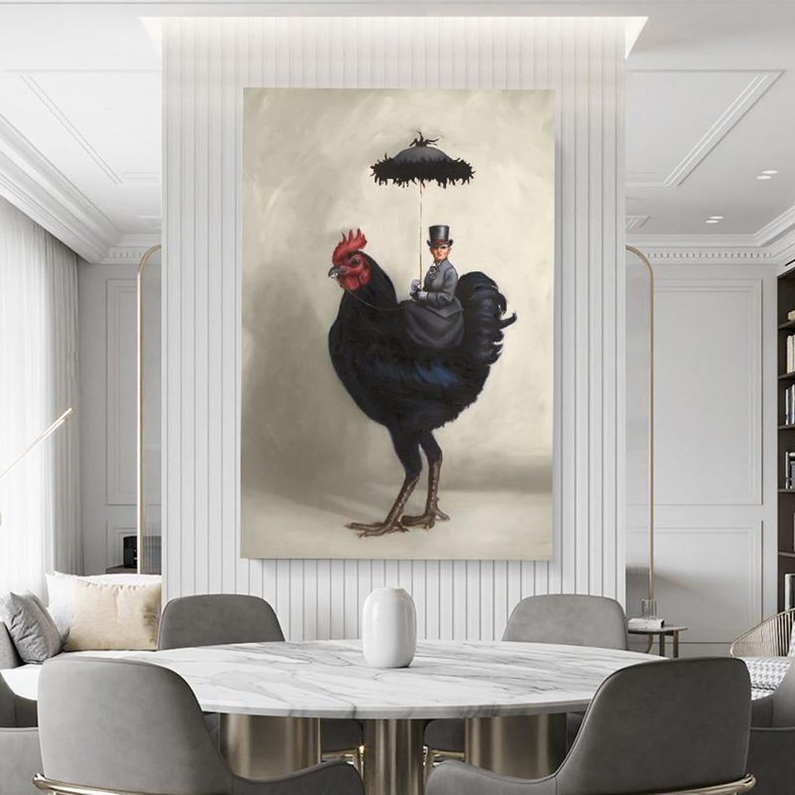 Victorian Woman Calmly Riding a Giant Black Rooster Art Poster - Image 3