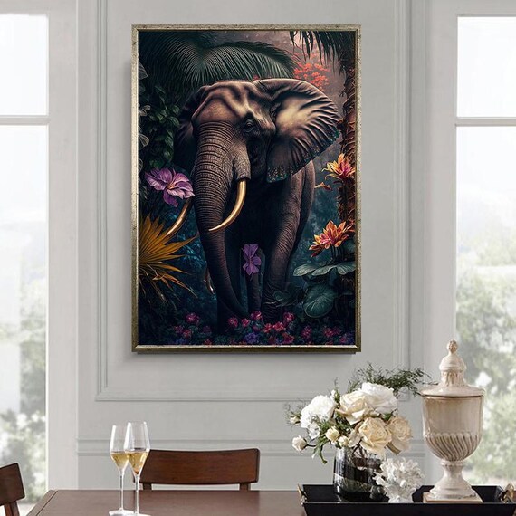 Majestic Elephant In A Lush Tropical Jungle With Flowers Wall Art