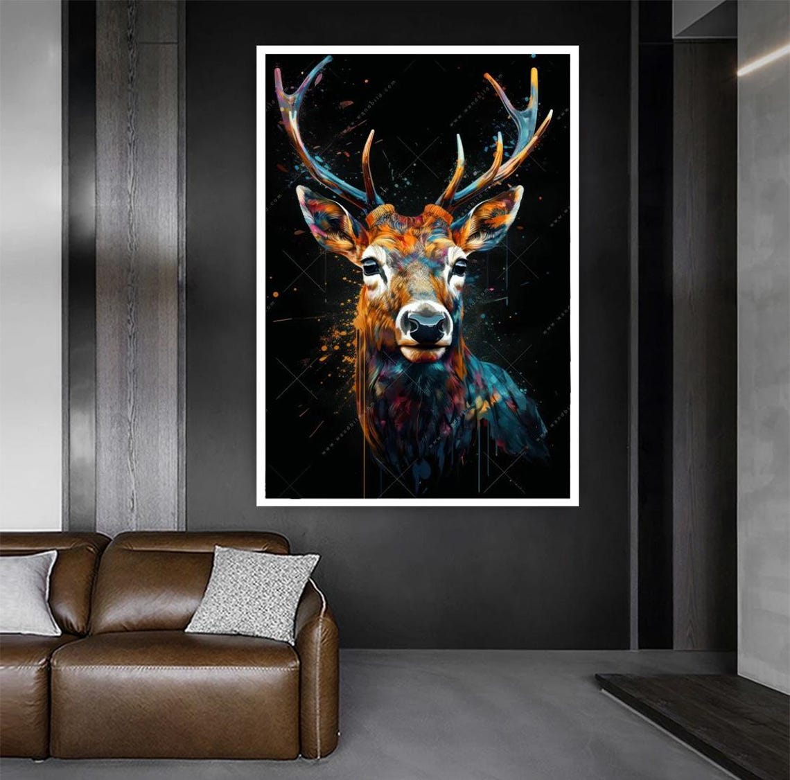 Majestic Stag With Antlers Paint Splash Art On Black Background Poster - Image 3