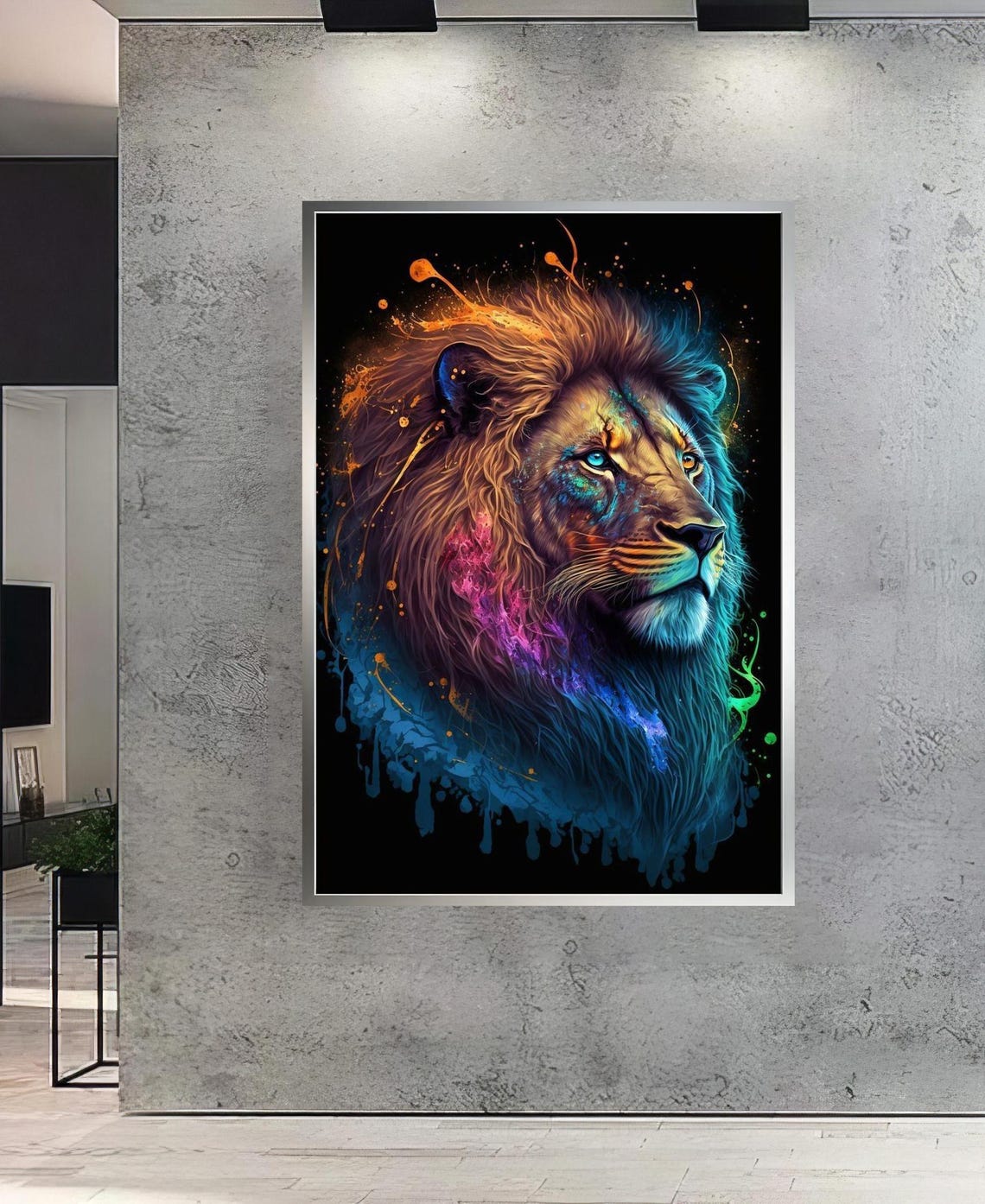 Lion in Profile With Neon Paint Splatter on a Black Art Poster - Image 5