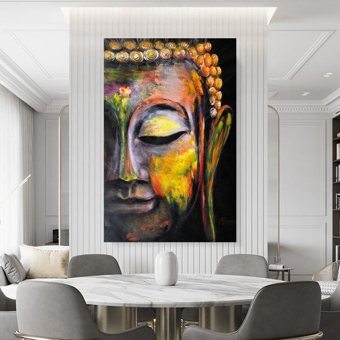 Vibrant Multicolor Painted Buddha Face Close-Up Spiritual Art Poster - Image 3